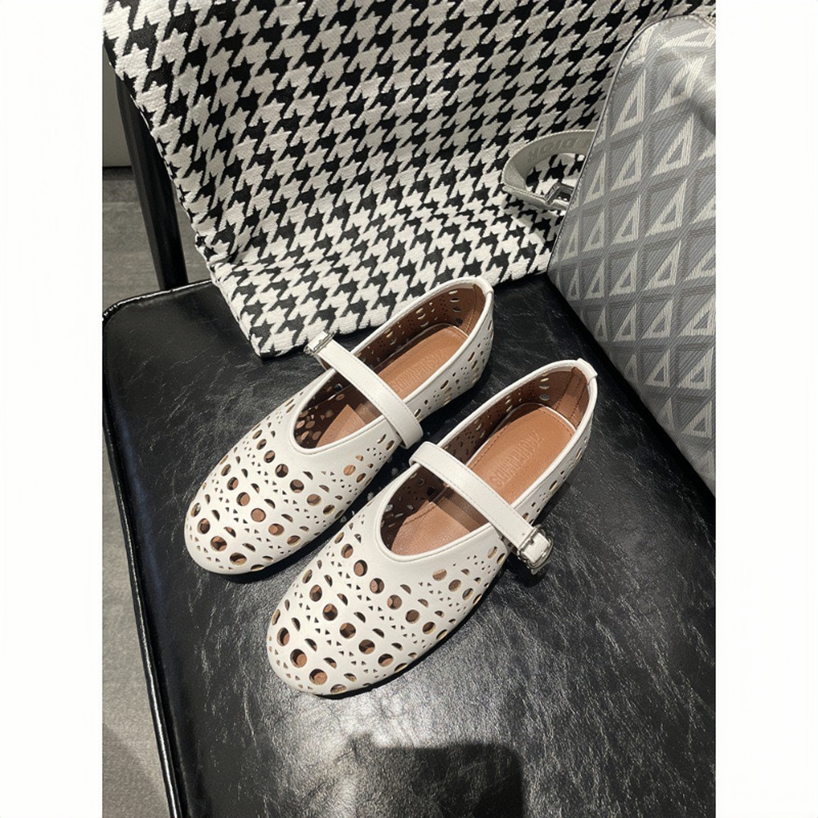 Sheepskin Version ~ Summer Genuine Leather Shallow Mouth Mary Jane Buckle Strap Cut Out Round Toe Flats Shoes Women's Ballet Shoes