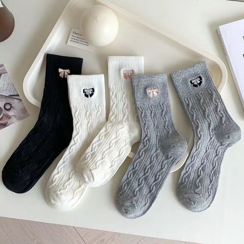 Zhuji Socks White Ballet Style Socks Women's Bow Mid-length Socks Early Autumn Thread Korean Style Stockings Piled Stocking