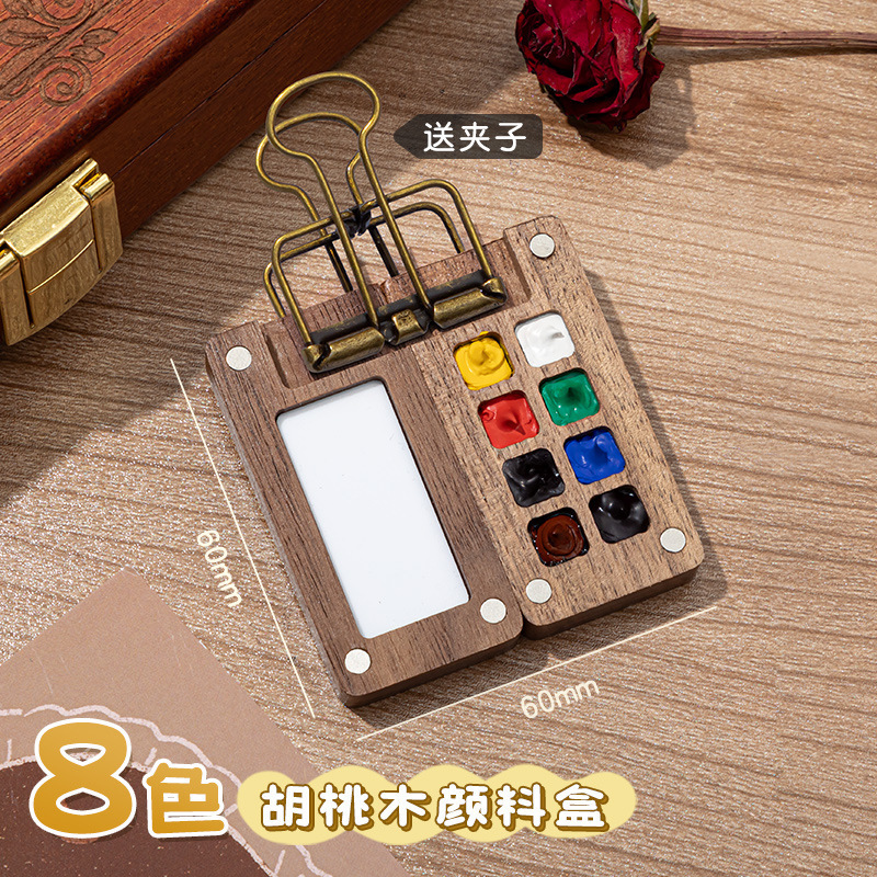 Picture of Mini watercolor paint walnut box acrylic box portable hand ledger sketching travel painting book color palette