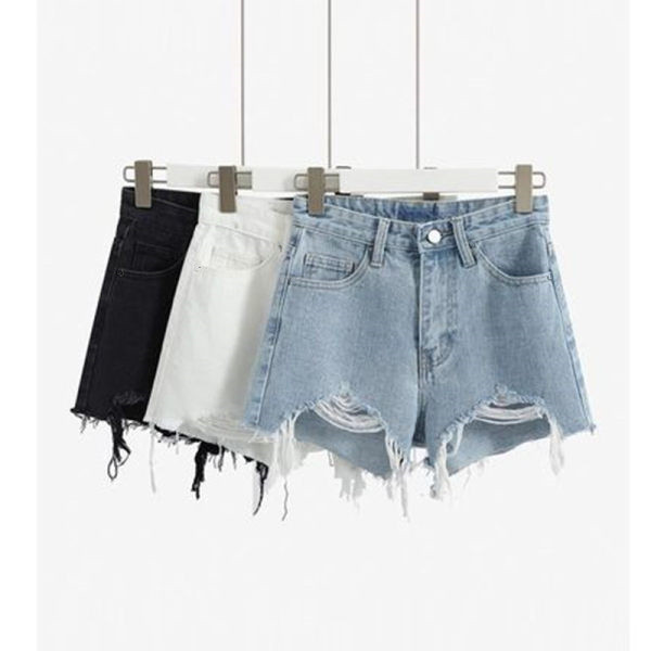 Picture of Cotton-Containing Ripped High-Waisted Denim Shorts for Women Summer 2021 Versatile Slimming Look A-Line Pants Raw Edge Frayed Wide-Leg Pants for Women