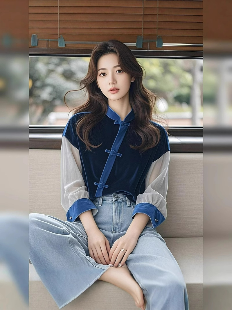 Autumn 2024 New Women's Clothing New Chinese Style National Style Blue Stitching Shirt High Sense Light Mature Style Design Sense Top