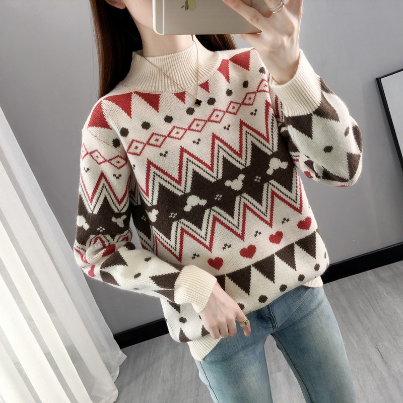 Picture of 2024 New Autumn and Winter Half Turtleneck Fleece-Lined Thickeneded Women's Sweater Fashionable Jacquard Contrast Color Knitted Bottoming Shirt