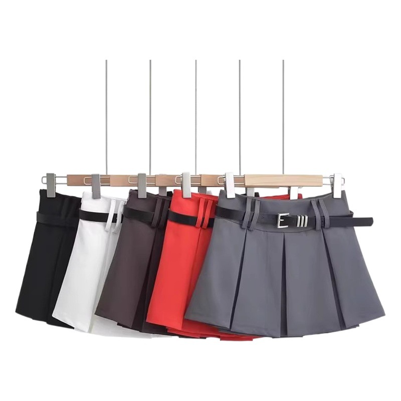 High-Waisted Pleated Skirt with Belt, Anti-Exposure, New Spring and Autumn Style for Girls, High-Waisted College Style A-Line Mini Skirt