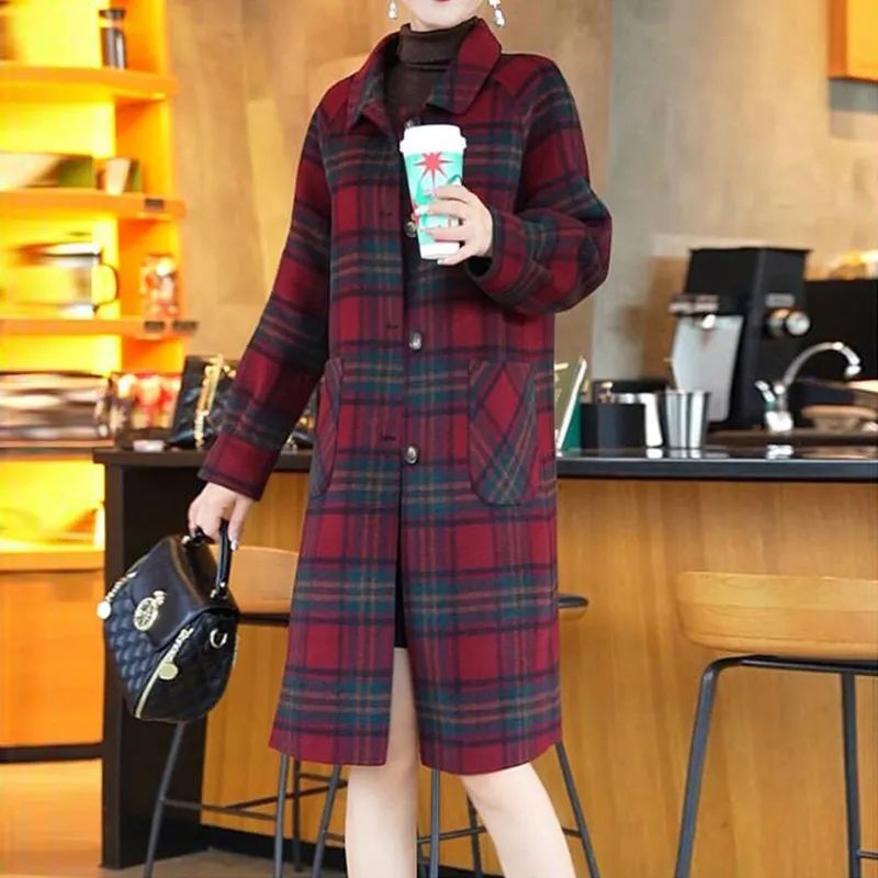 Cross-border Red Plaid Woolen Coat Women's 2024 Autumn and Winter New Korean Style Elegant Double-sided Tweed Coat Trendy