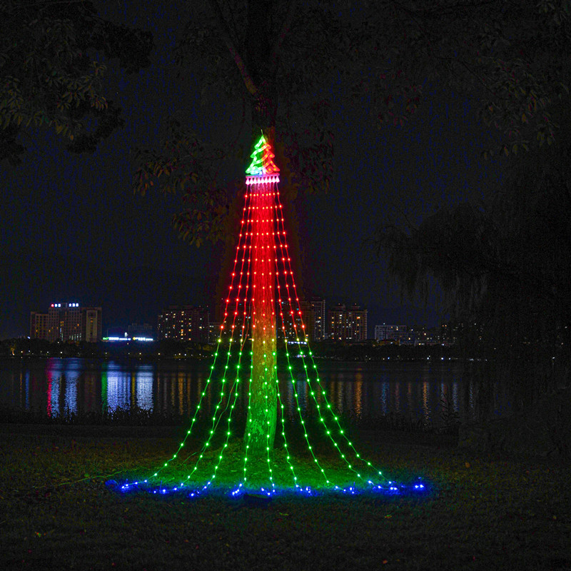 Picture of LED five-pointed star waterfall lamp Christmas hanging tree lamp water lamp outdoor decorative lamp courtyard remote control solar lamp