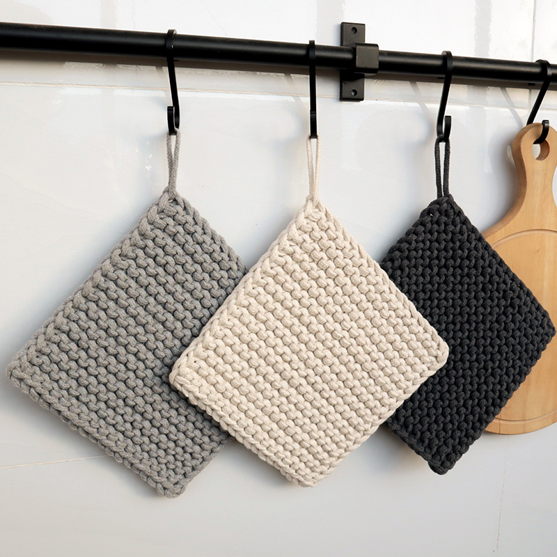 Picture of Handmade Cotton Coaster Scandinavian Style Plain Woven Insulation Pad Square Coaster Household Plate Mat Bowl Mat Square Mat