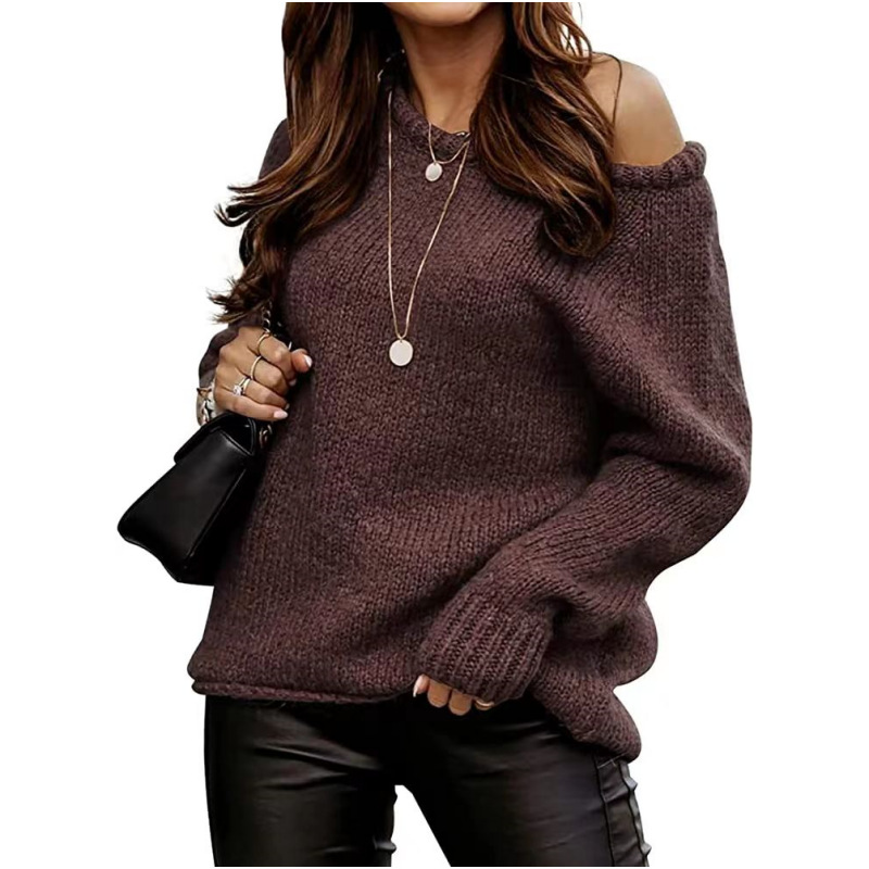 Picture of Cross-Border Amazon Autumn and Winter Off-Shoulder Sexy Round Neck Pullover Sweater Solid Color Casual Loose Large Size Sweater for Women