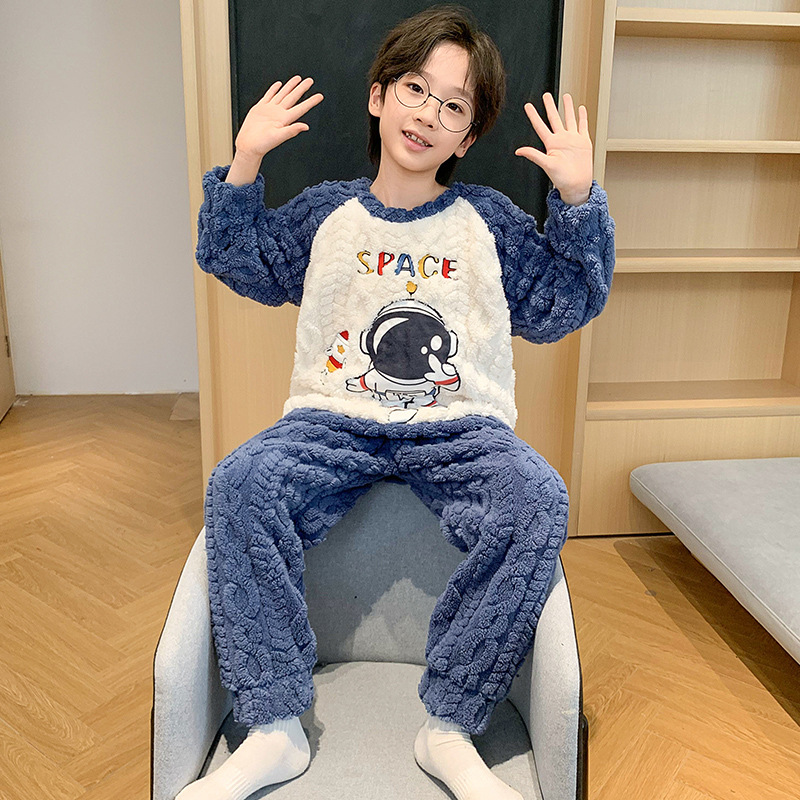 Picture of Children's Pajamas Men's Flannel Winter fleece-lined Thickened Coral Fleece Boys' Cartoon Astronaut Big Children's Home Clothes Set