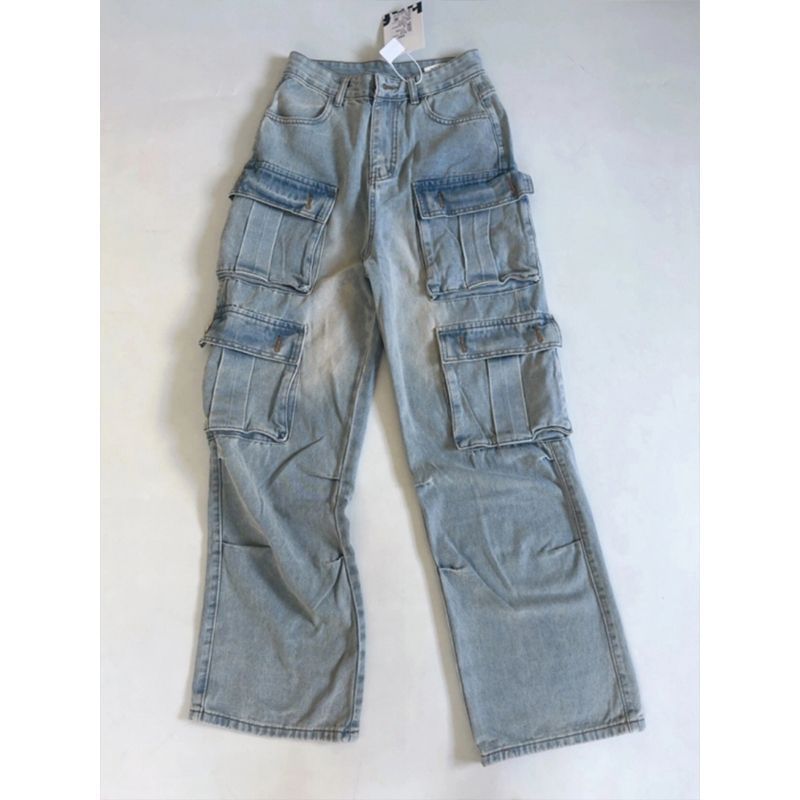 American Light Color Wide Leg Denim Overalls Women's Autumn and Winter New High Waist Loose Slimming All-match Straight Trousers