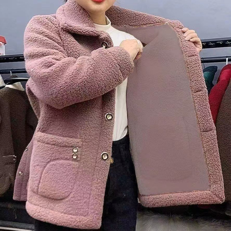 fleece-lined Thickened Imitation Lamb Fluff Fur Mother's Mid-Length Coat Winter Warm Coat Women's pink apricot