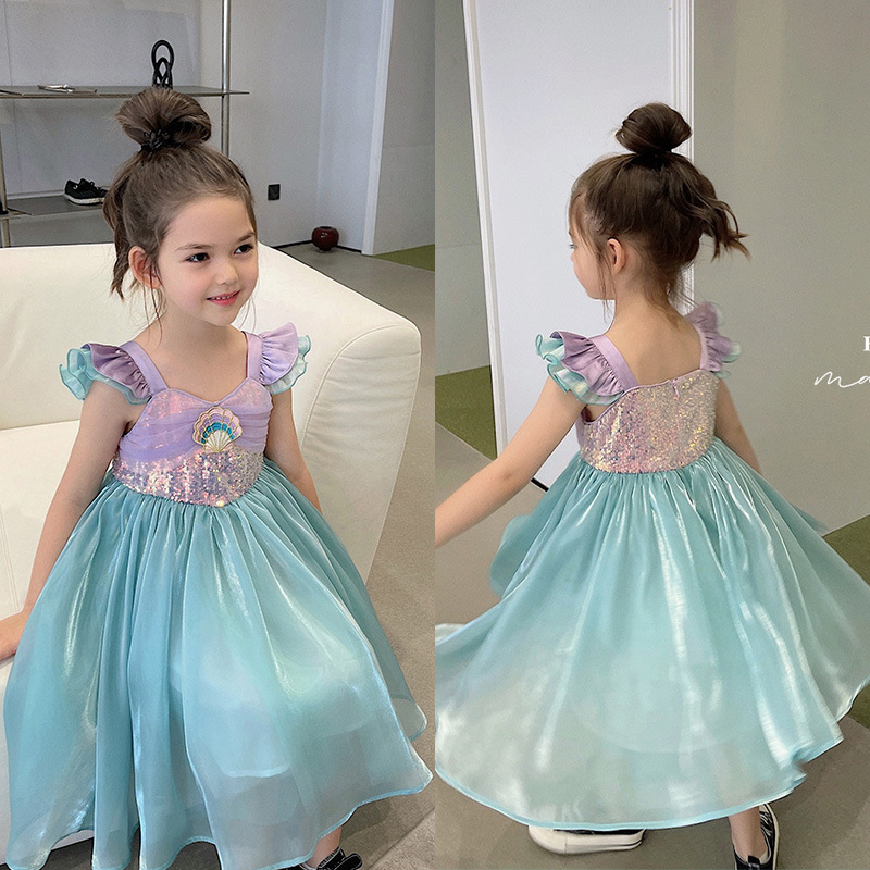 Girls 2025 Summer New Mermaid Vest Dress Kidsren's Fashionable Short-Sleeved Princess Dress Performance Clothing Trendy