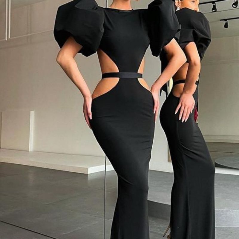 2021 new European and American Foreign Trade women's clothing independent stand sheath sexy long dress puff sleeve banquet evening dress New