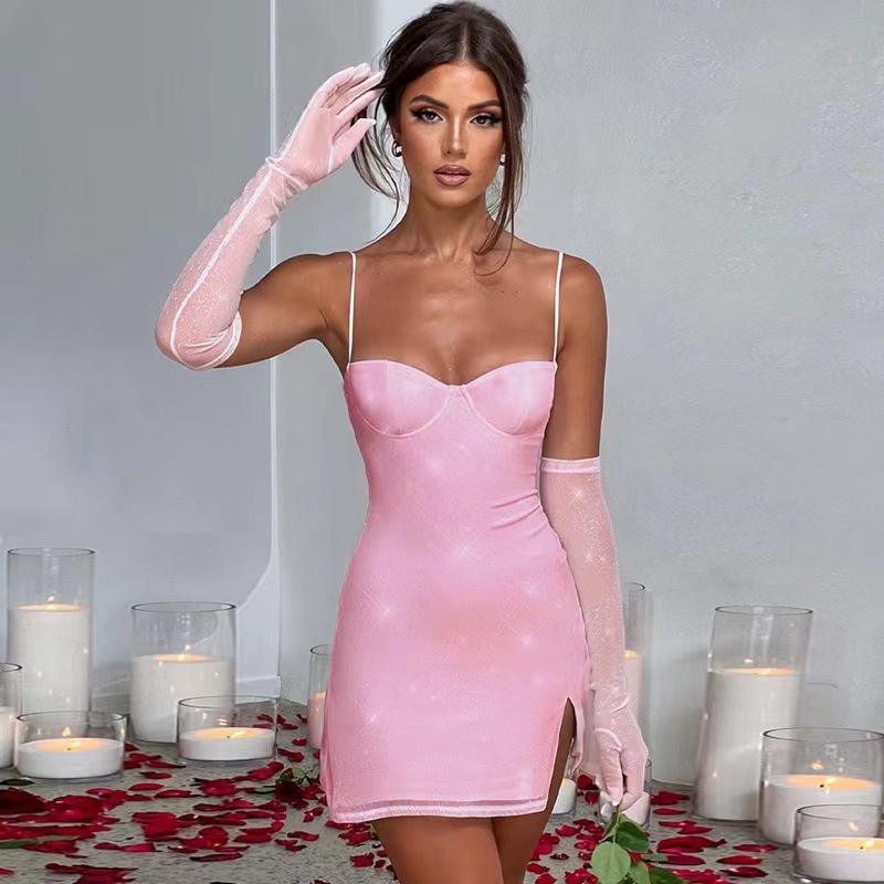 AliExpress Amazon 2024 autumn and winter new suspenders slim slit sexy women's skirt with gloves dress