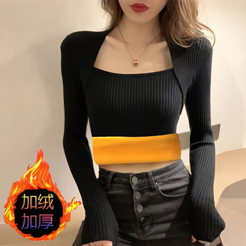 fleece-lined Thickened 2024 Autumn and Winter Women's U-Collar All-Match Solid Color Knitted Sweater Top New Fashion Base Shirt
