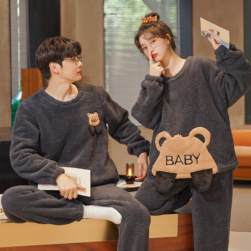 Couple Pajamas Autumn and Winter Thickened Warm Coral Fleece Women's Cartoon Winter Flannel Men's Home Clothes suit