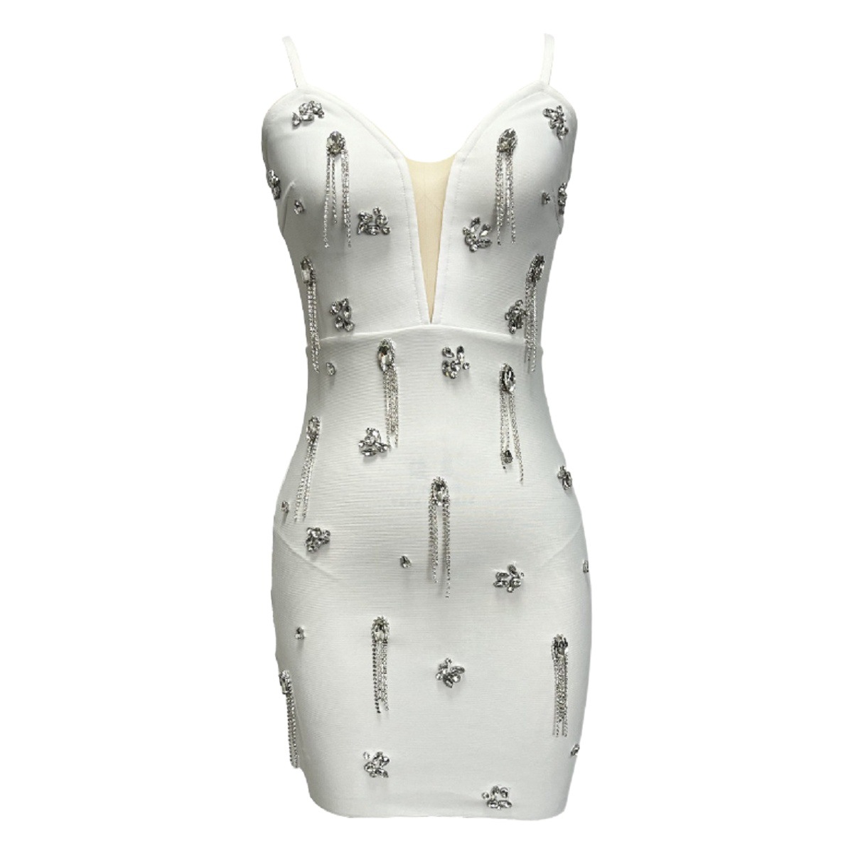 European and American Amazon Fashion Sexy White Sling Tassel Nail Drill Hip dress Party Night Shop Mini Skirt