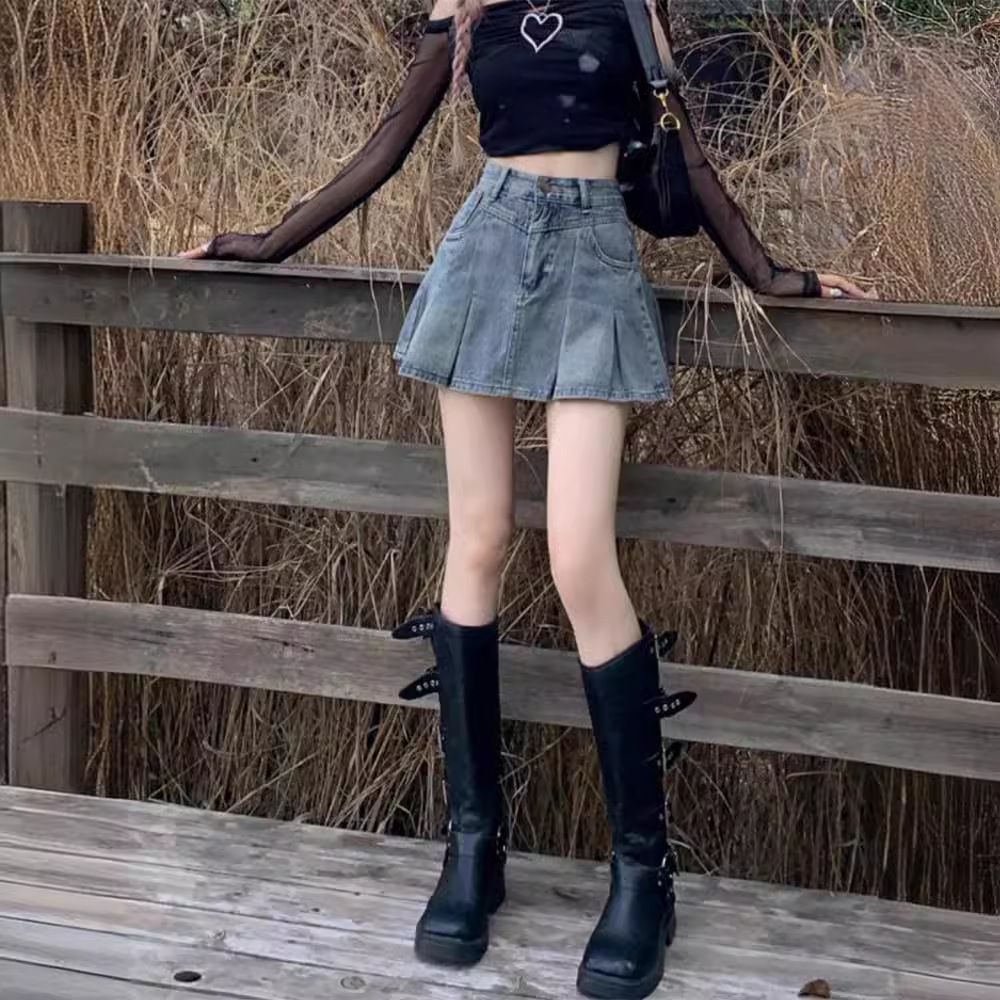 American Retro Denim Skirt Women's Summer 2024 New High Waist Slimming Spice Girls Pleated A- line Hip Skirt