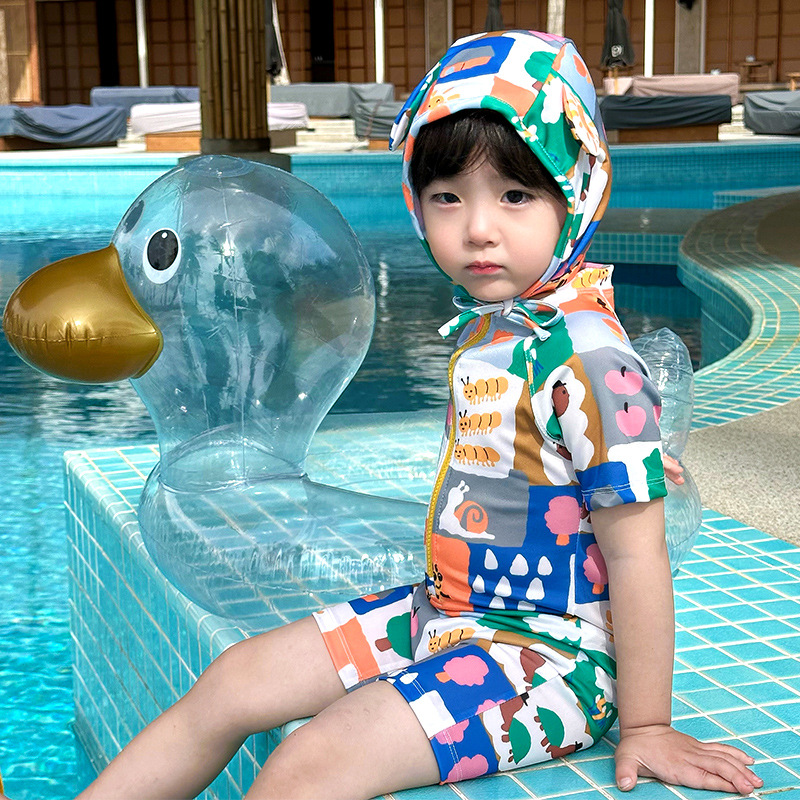 2025 summer new children's one-piece swimsuit cartoon color matching short sleeve swimsuit quick-drying leisure vacation swimsuit