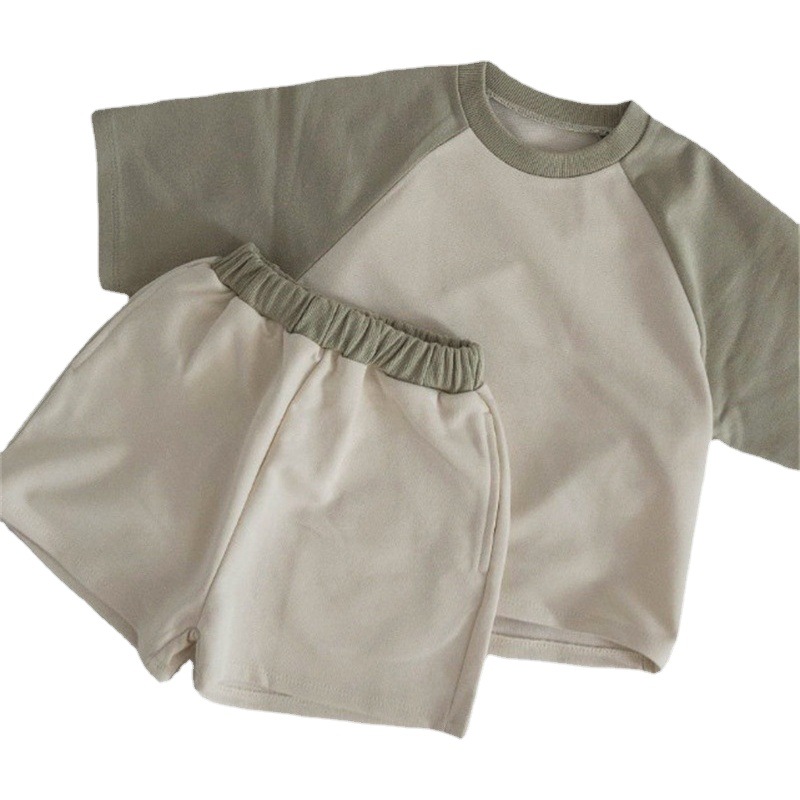 Korean Style Ins Children's Summer New Arrival suit Fashionable Color-matching Shoulder Short-sleeve Shorts Casual Two-piece Set for Boys and Girls