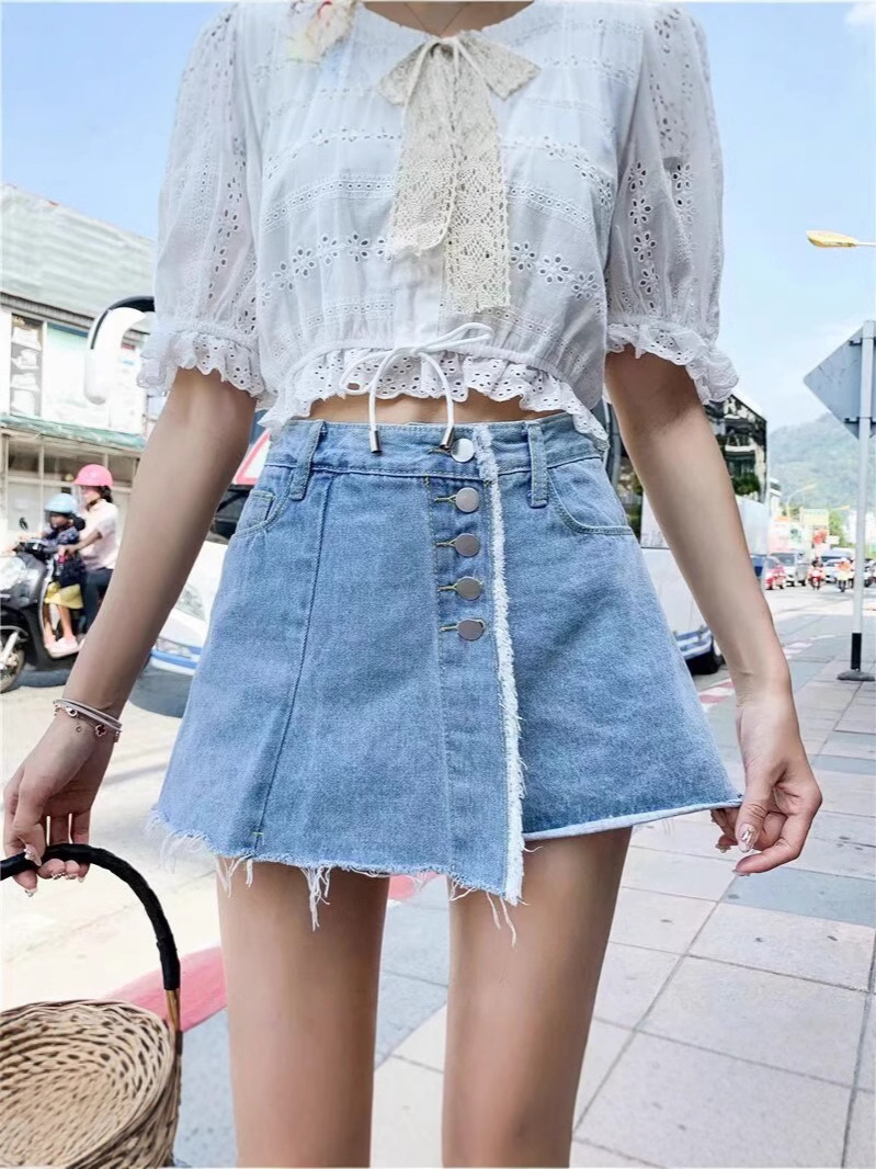South Korea Chic Summer French Style Retro High Waist All-match Irregular Slant Buckle Design Fur Edge Denim Skirt Shorts Women