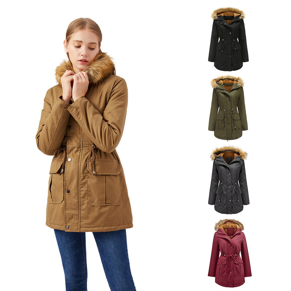 New European size fleece-lined cotton-padded coat hooded fur collar winter warm coat plus size women's cotton-padded jacket Amazon wish