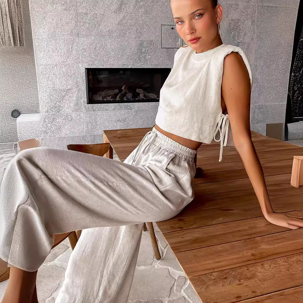 2024 Summer New Shoulder Pad Sleeveless Top Pants Two-piece European and American Casual Fashion Cotton and Linen suit Women's Clothing