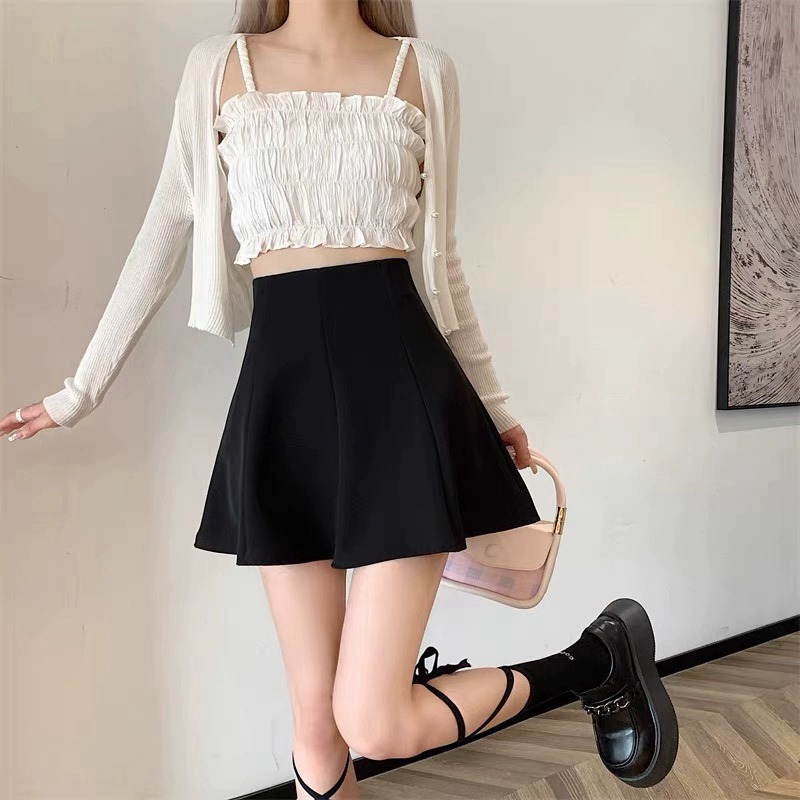 Picture of Black pleated skirt women's summer small short culottes cover slim high waist sweet spicy A- line umbrella skirt