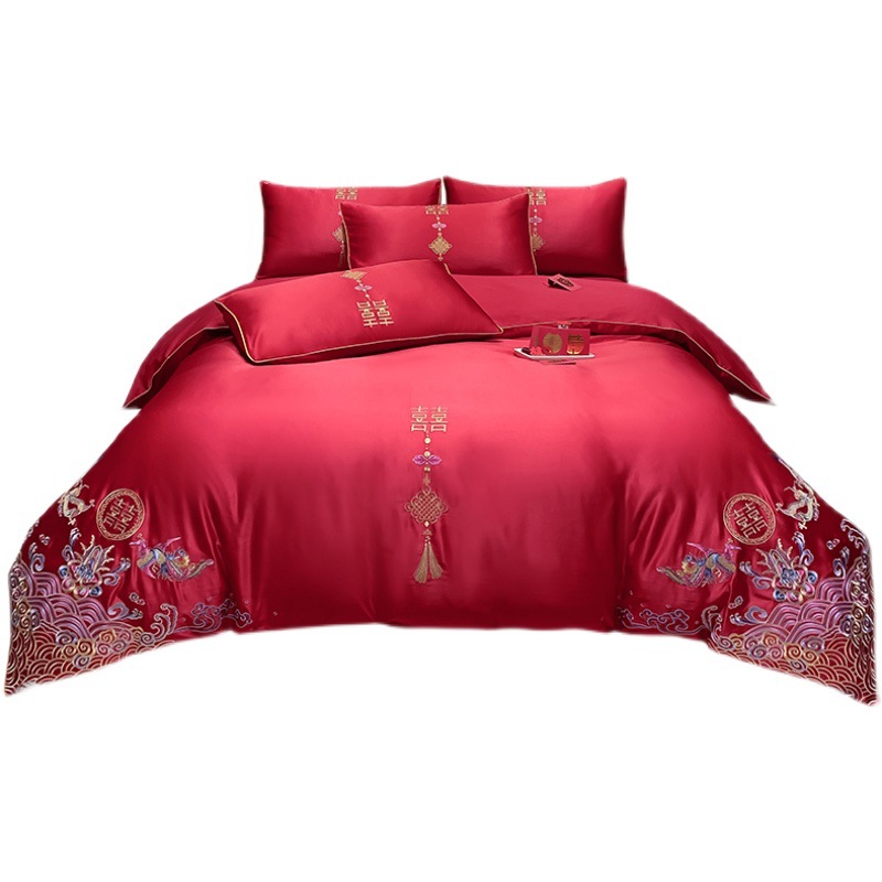Picture of High-end European-style Wedding Four-piece Cotton Big Red Embroidered Sanding Quilt Cover Wedding Bedding Accompanying Wedding Room