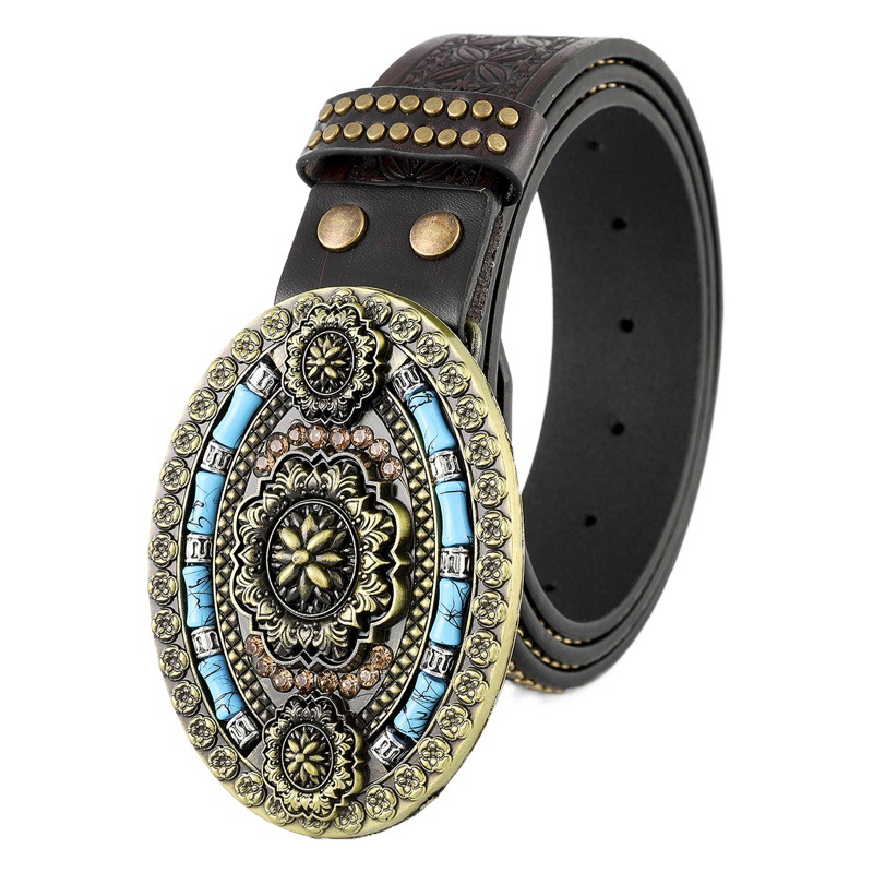 Cross Border Western Denim Belt Sapphire Trendy Vintage Youth Retro Men's Punk Embossed Leather Belt