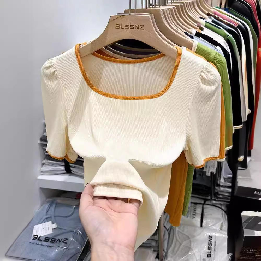 Shoulder Short-sleeved T-shirt Women's 2024 New Summer Clavicle Square Collar Small Shirt Short French Puff Sleeve Top Trendy