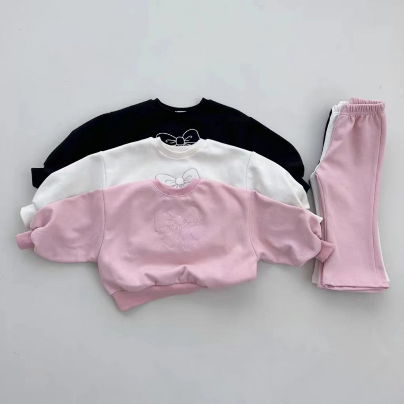 Spring and Autumn Girls' Simple Cute Bow Two-piece Loose Sweat Slim-fit Flare Pants Casual All-match suit