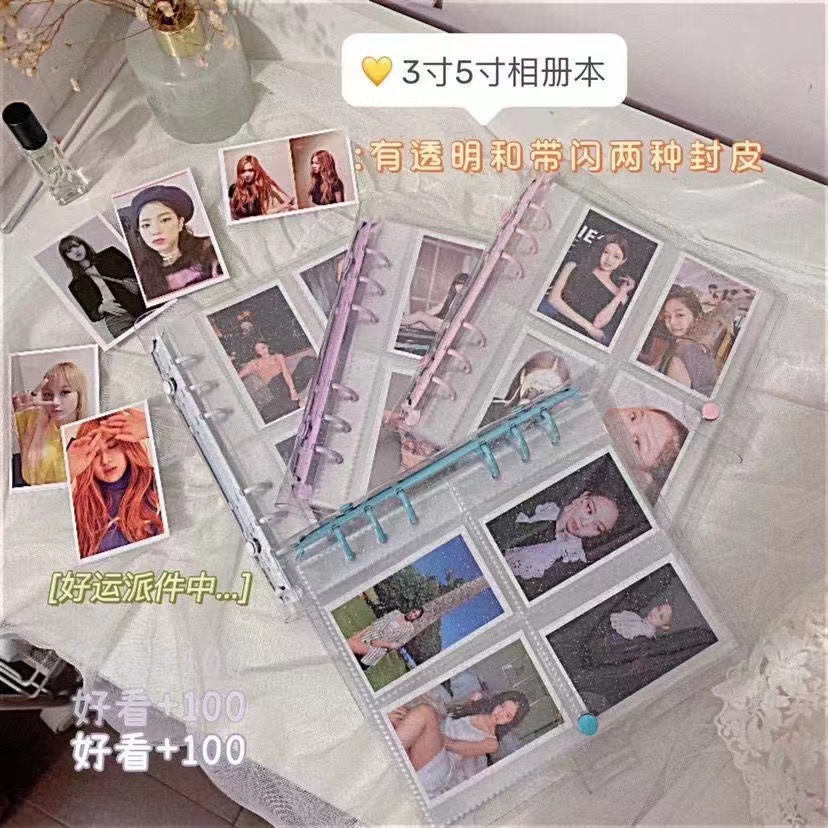 Wholesale supply color clip transparent glittering 6 hole loose leaf insert photo album 3 inch 5 inch photo album