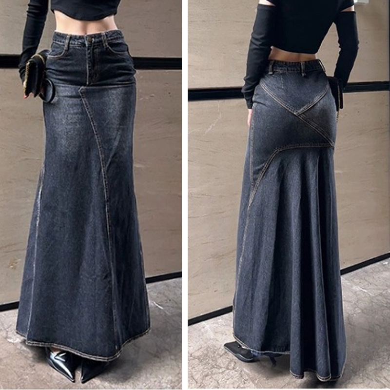 Fall 2023 new retro high waist fishtail Denim skirt women's split hip design sheath dress