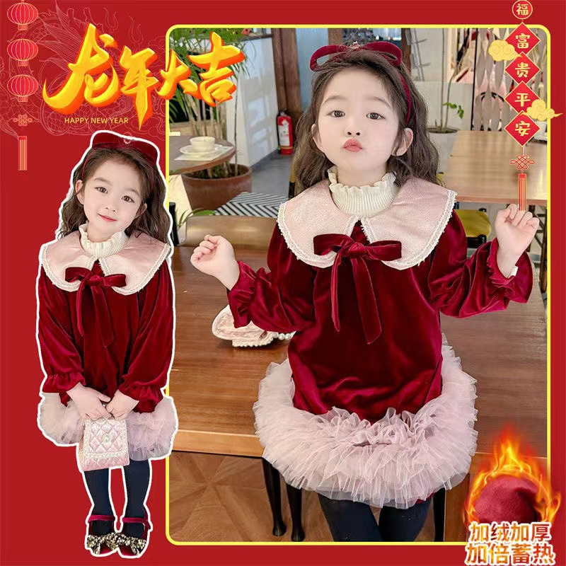 Fashion retro girl fleece-lined dress 2024 New Year red gold velvet princess dress girl sweet birthday dress