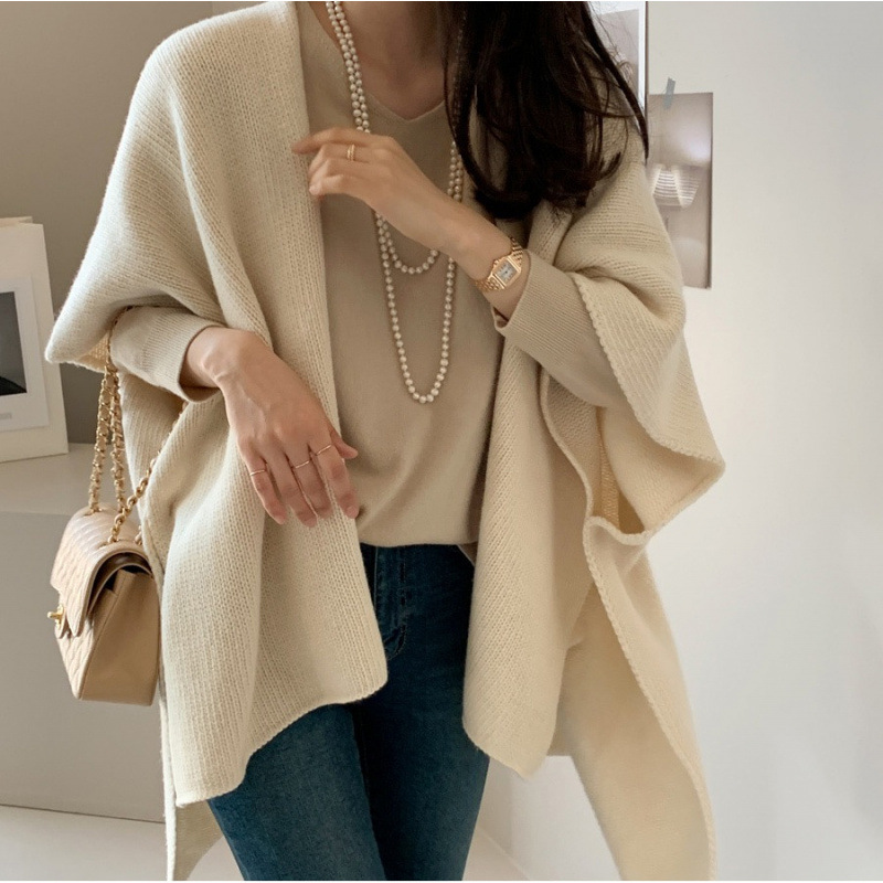 South Korea East Gate Lazy Style Knitted Shawl Coat Women's Casual Travel Pat Gentle Elegant Sweater Cardigan Cape
