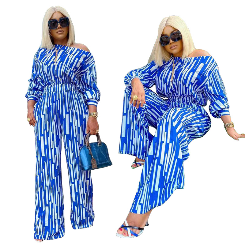 Picture of Explosions wish Europe and America 200 Jin plus size Women's Stripe Printed Oblique Long Sleeve Shoulder Loose Fashion Leisure suit Women