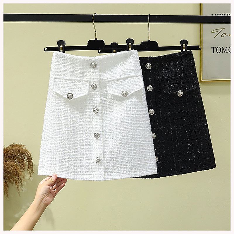 Design Sense Bright Silk Wool All-match Skirt Women's Winter New Breasted Skirt Anti-glare Small Chanel Style Large Size Skirt
