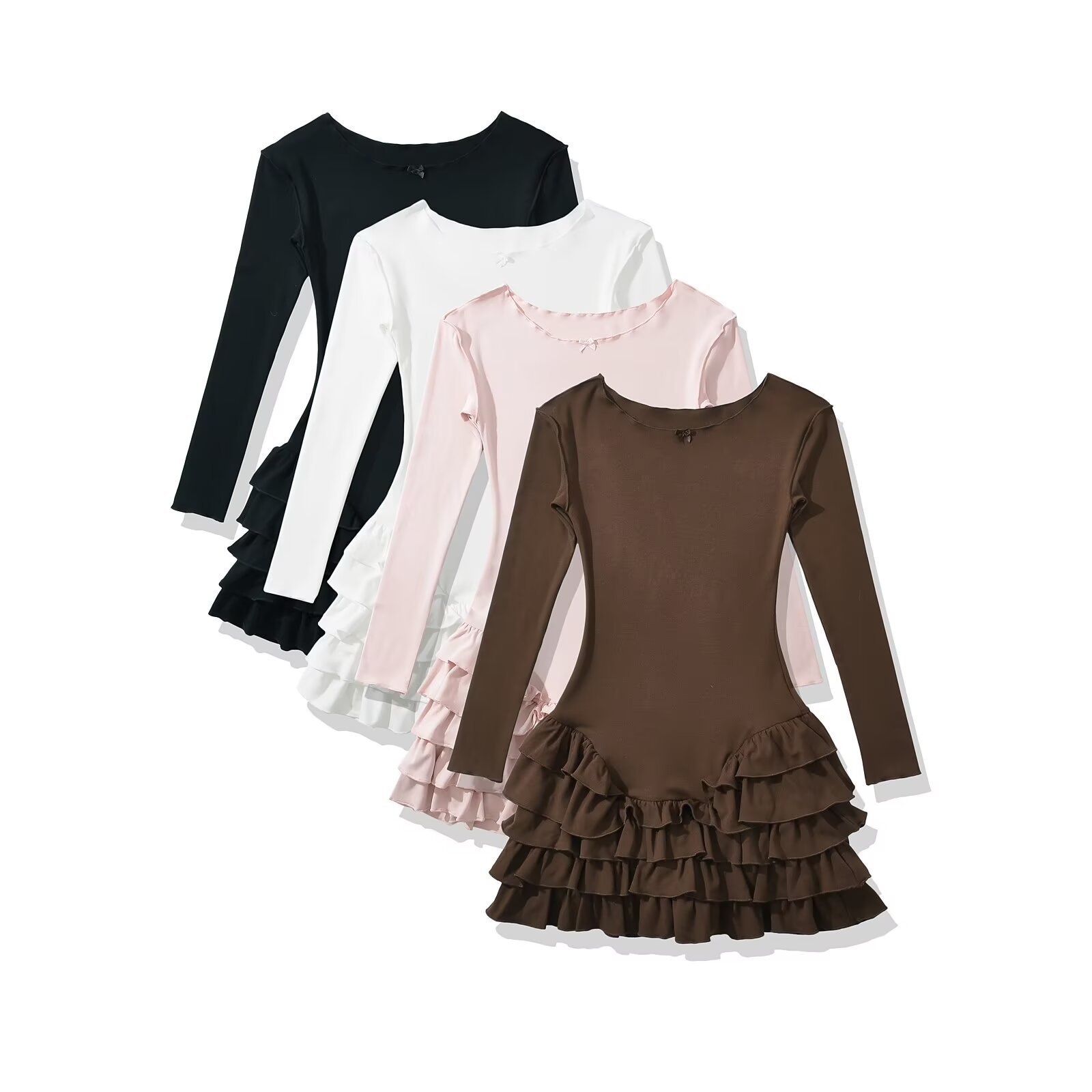 ZA cross-border women's clothing wholesale European and American style early spring new ruffled hem round neck elastic slim long sleeve dress