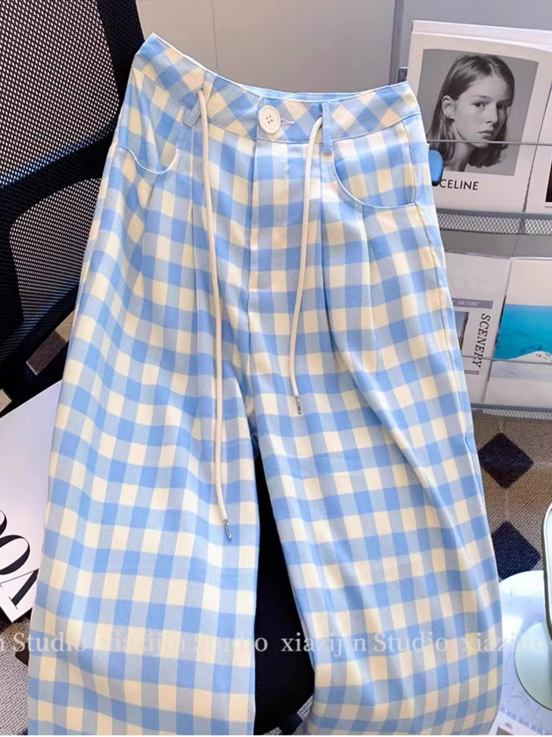 Picture of 2025 new blue plaid slacks, summer and spring thin women's loose wide-leg pants, high-waisted drape Yamamoto pants