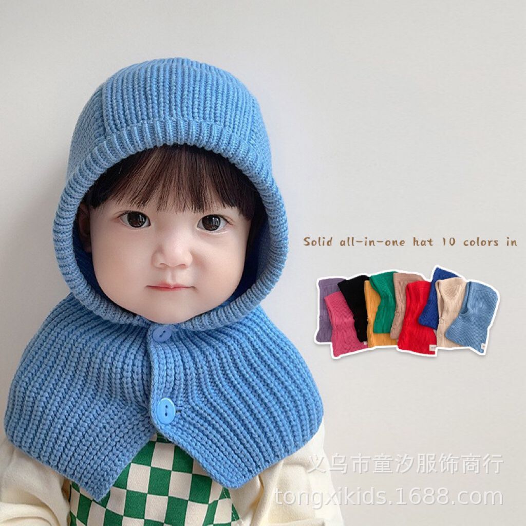 Baby one-piece hat autumn and winter warm hat scarf cute trendy matching male and female baby earmuffs children's wool hat