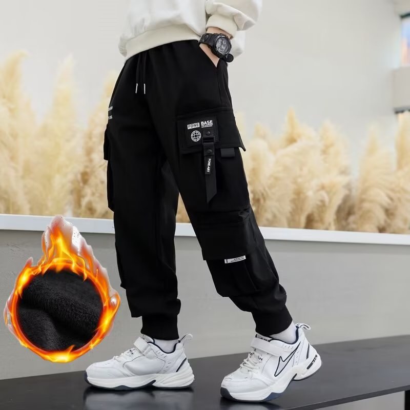 Autumn and Winter Boys' Pants Children's fleece-lined Overalls Fashion Trend Korean Style Loose Trendy Trousers for Middle and Big Boys