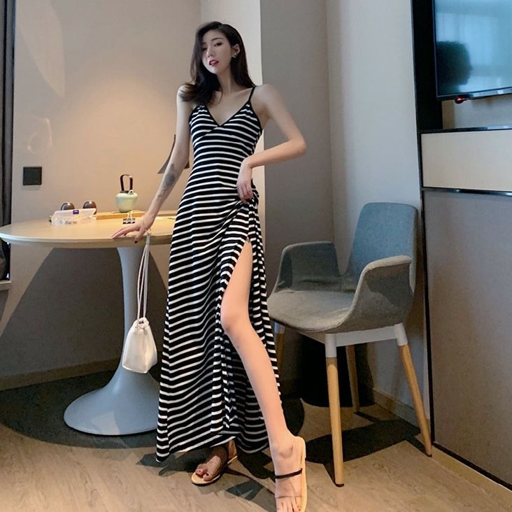 Picture of New Suspbottomer Little Black Dress Sexy and Gentle V-Neck Bottoming Retro Long Side Slit Black Dress for Women