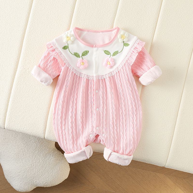 Spring and Autumn Women's Treasure Sweet Knitted Flower Ha Clothes Children's Western Style Cute Double Layer Baby Long Sleeve Jumpsuit Autumn