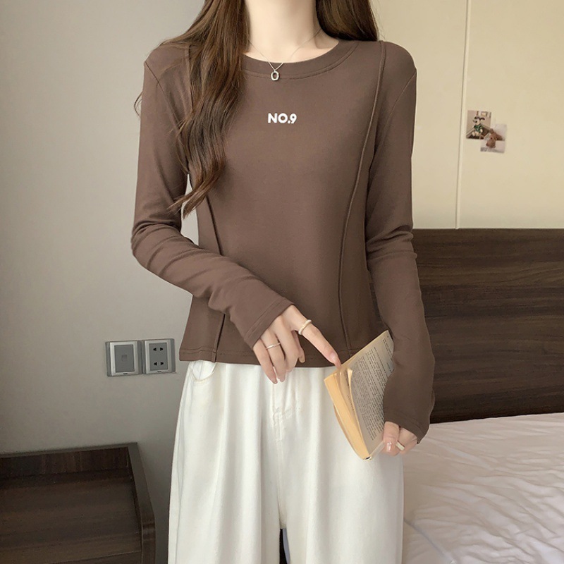 Cross-Border 2025 New Long-Sleeved T-Shirt for Women Spring & Fall Korean Style Casual Bottoming Shirt Round Neck Right Shoulder Slim Women's Clothing for Girls