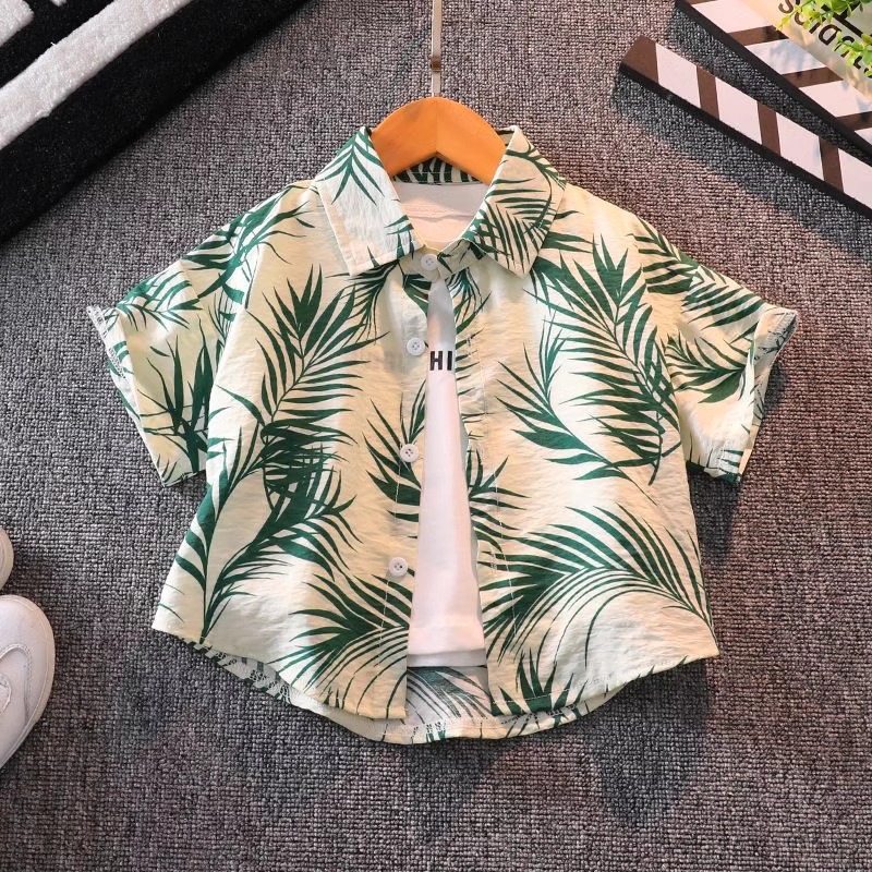 Picture of Children's Short-Sleeved Shirt Summer Beach Seaside Boy Floral Shirt Hong Kong Style Baby Summer Top Boy Shorts Suit