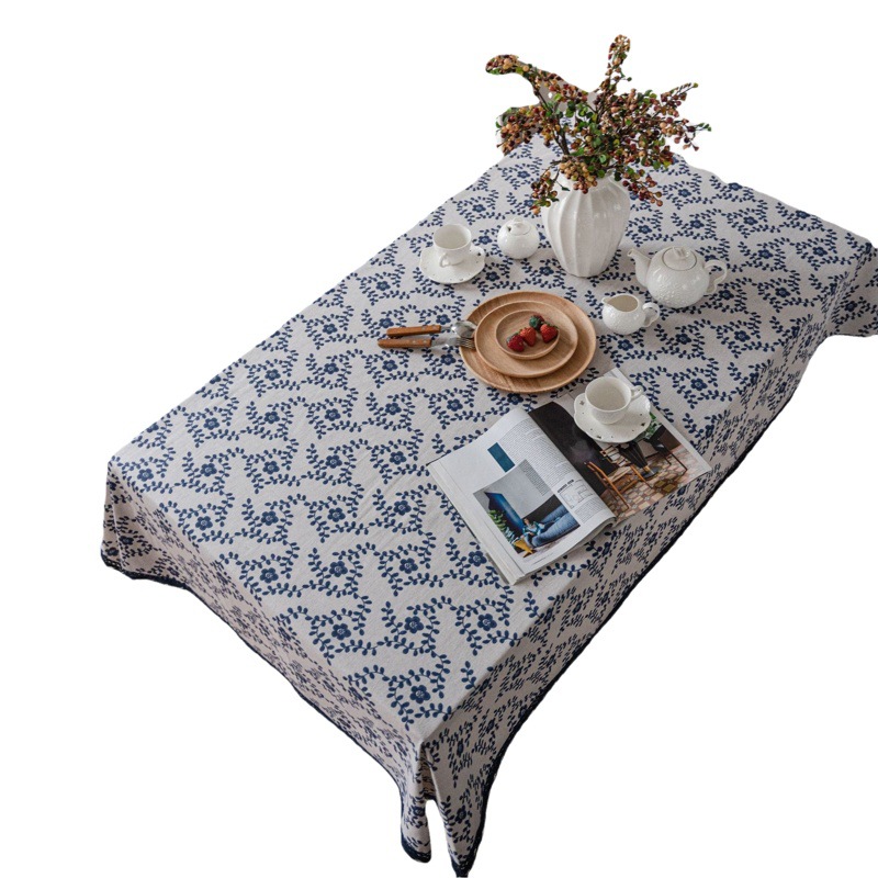 Picture of Yiman Qiyun Navy Blue Plum Blossom Printing Pastoral Cotton and Linen Tablecloth Tablecloth Wholesale Household Cover Towel Lace
