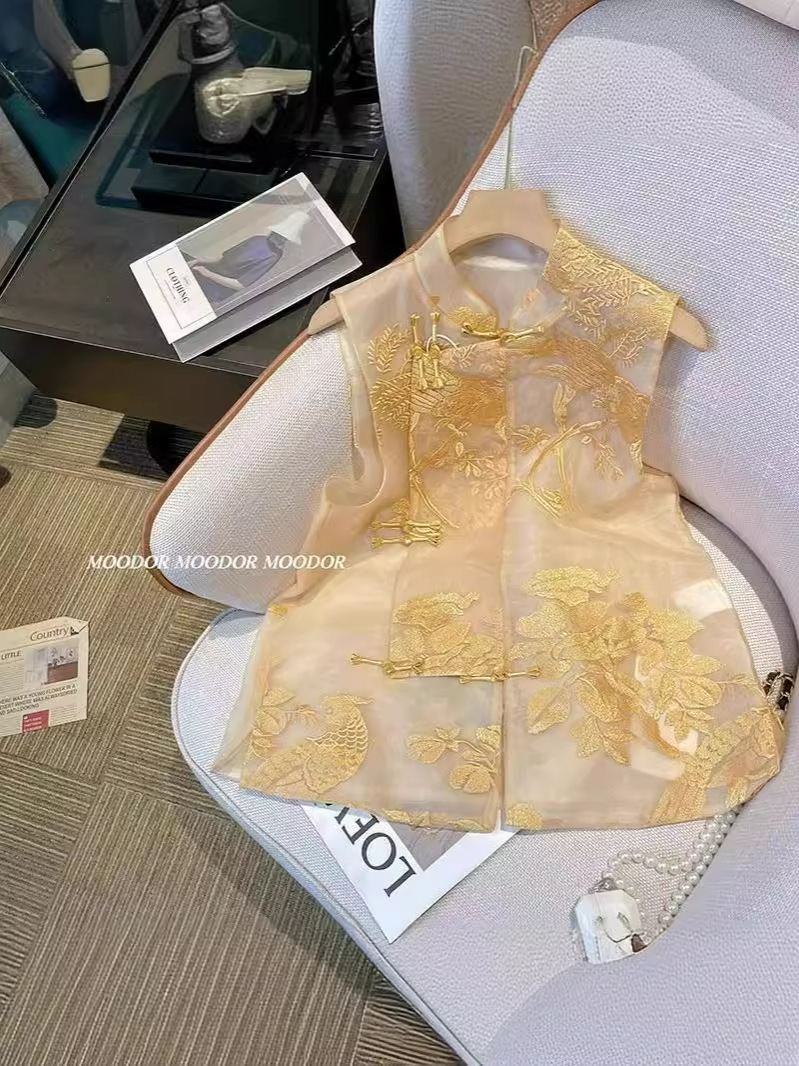 New Chinese Vest Shirt Women's Spring and Summer 2024 National Style Temperament Heavy Industry Embroidery Collar Organza Retro Style