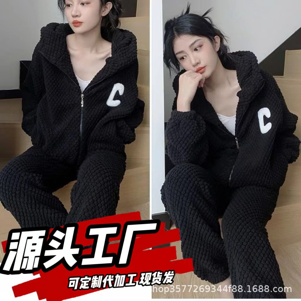 Big C hooded coral fleece pajamas autumn and winter 2024 new thick plus size flannel home clothes zipper suit