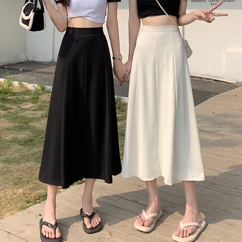 Black High Waist Mid-length Skirt Women's Summer plus size chubby girl Skirt Slimming A- line Skirt Large Umbrella Skirt Long Skirt