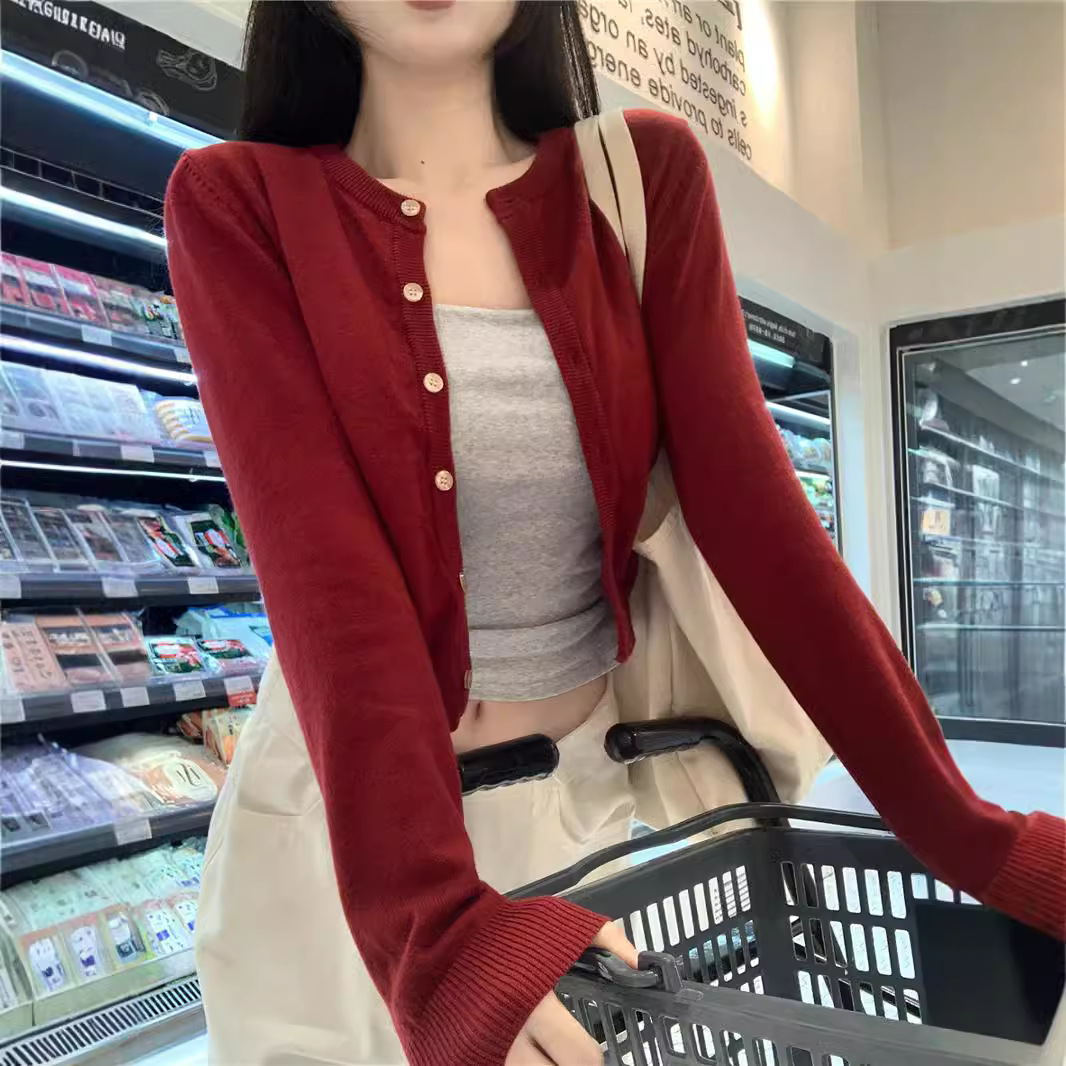 Knitted cardigan coat women's autumn small slim gray sweater short jacket foreign trade wholesale